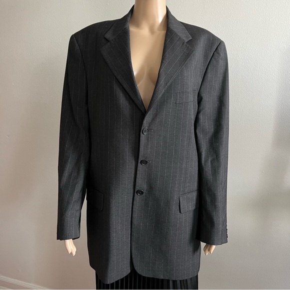 Valentino Other - Vintage Valentino 100% Wool Jacket Blazer Dark Gray Pinstripes Size 52 42 Reg